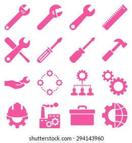 Options and service tools icon set. Vector style: flat symbols, pink color, rounded angles, white background.