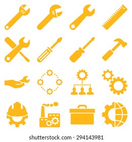 Options and service tools icon set. Vector style: flat symbols, yellow color, rounded angles, white background.