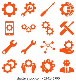 Options and service tools icon set. Vector style: flat symbols, orange color, rounded angles, white background.