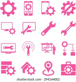 Options and service tools icon set. Vector style: flat symbols, pink color, rounded angles, white background.