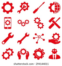 Options and service tools icon set. Vector style: flat symbols, red color, rounded angles, white background.