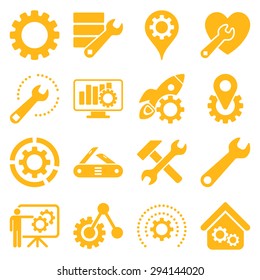 Options and service tools icon set. Vector style: flat symbols, yellow color, rounded angles, white background.