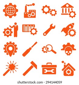 Options and service tools icon set. Vector style: flat symbols, orange color, rounded angles, white background.