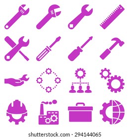 Options and service tools icon set. Vector style: flat symbols, violet color, rounded angles, white background.