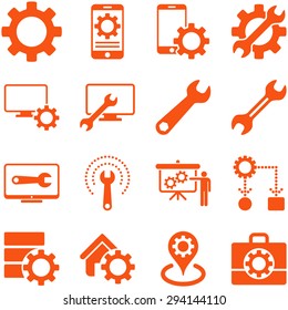 Options and service tools icon set. Vector style: flat symbols, orange color, rounded angles, white background.