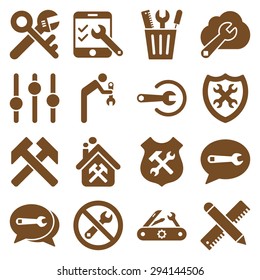 Options and service tools icon set. Vector style: flat symbols, brown color, rounded angles, white background.