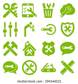 Options and service tools icon set. Vector style: flat symbols, eco green color, rounded angles, white background.