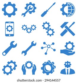 Options and service tools icon set. Vector style: flat symbols, cobalt color, rounded angles, white background.