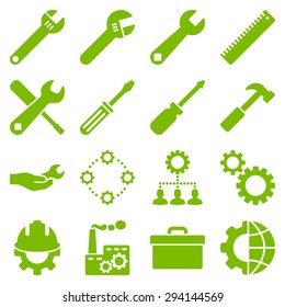 Options and service tools icon set. Vector style: flat symbols, eco green color, rounded angles, white background.