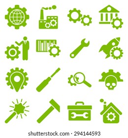 Options and service tools icon set. Vector style: flat symbols, eco green color, rounded angles, white background.