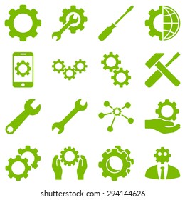 Options and service tools icon set. Vector style: flat symbols, eco green color, rounded angles, white background.