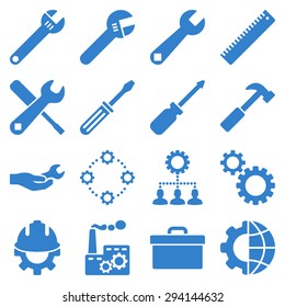 Options and service tools icon set. Vector style: flat symbols, cobalt color, rounded angles, white background.