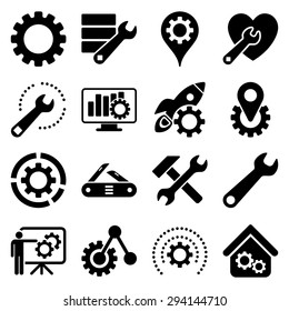 Options and service tools icon set. Vector style: flat symbols, black color, rounded angles, white background.