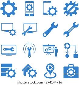 Options and service tools icon set. Vector style: flat symbols, cobalt color, rounded angles, white background.