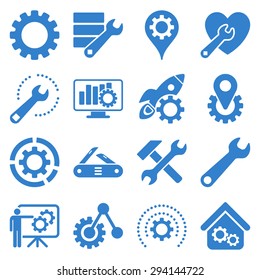 Options and service tools icon set. Vector style: flat symbols, cobalt color, rounded angles, white background.