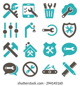 Options and service tools icon set. Vector style: flat bicolor symbols, grey and cyan colors, rounded angles, white background.