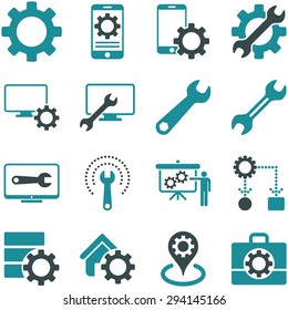 Options and service tools icon set. Vector style: flat bicolor symbols, soft blue colors, rounded angles, white background.