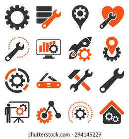 Options and service tools icon set. Vector style: flat bicolor symbols, orange and gray colors, rounded angles, white background.