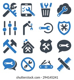 Options and service tools icon set. Vector style: flat bicolor symbols, smooth blue colors, rounded angles, white background.