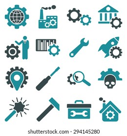 Options and service tools icon set. Vector style: flat bicolor symbols, soft blue colors, rounded angles, white background.