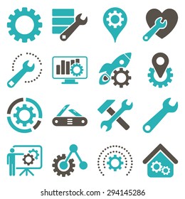 Options and service tools icon set. Vector style: flat bicolor symbols, grey and cyan colors, rounded angles, white background.