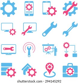 Options and service tools icon set. Vector style: flat bicolor symbols, pink and blue colors, rounded angles, white background.