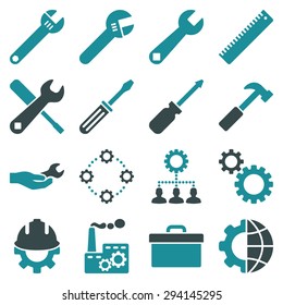 Options and service tools icon set. Vector style: flat bicolor symbols, soft blue colors, rounded angles, white background.