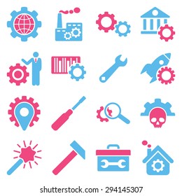 Options and service tools icon set. Vector style: flat bicolor symbols, pink and blue colors, rounded angles, white background.