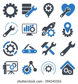 Options and service tools icon set. Vector style: flat bicolor symbols, smooth blue colors, rounded angles, white background.