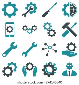 Options and service tools icon set. Vector style: flat bicolor symbols, soft blue colors, rounded angles, white background.