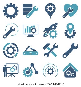 Options and service tools icon set. Vector style: flat bicolor symbols, cyan and blue colors, rounded angles, white background.