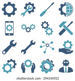 Options and service tools icon set. Vector style: flat bicolor symbols, cyan and blue colors, rounded angles, white background.