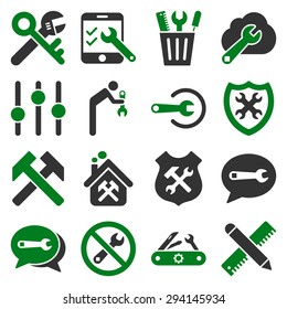Options and service tools icon set. Vector style: flat bicolor symbols, green and gray colors, rounded angles, white background.