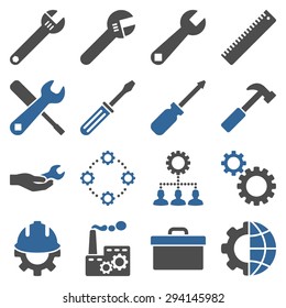 Options and service tools icon set. Vector style: flat bicolor symbols, cobalt and gray colors, rounded angles, white background.