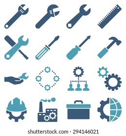 Options and service tools icon set. Vector style: flat bicolor symbols, cyan and blue colors, rounded angles, white background.