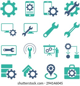 Options and service tools icon set. Vector style: flat bicolor symbols, cobalt and cyan colors, rounded angles, white background.