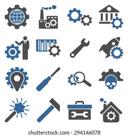 Options and service tools icon set. Vector style: flat bicolor symbols, cobalt and gray colors, rounded angles, white background.