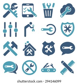 Options and service tools icon set. Vector style: flat bicolor symbols, cyan and blue colors, rounded angles, white background.