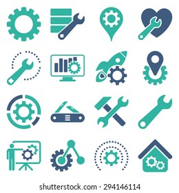 Options and service tools icon set. Vector style: flat bicolor symbols, cobalt and cyan colors, rounded angles, white background.