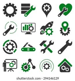Options and service tools icon set. Vector style: flat bicolor symbols, green and gray colors, rounded angles, white background.