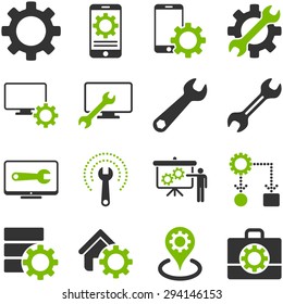 Options and service tools icon set. Vector style: flat bicolor symbols, eco green and gray colors, rounded angles, white background.