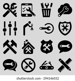 Options and service tools icon set. Vector style: flat symbols, black color, rounded angles, light gray background.