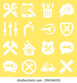 Options and service tools icon set. Vector style: flat symbols, white color, rounded angles, yellow background.