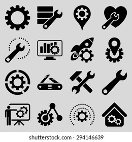 Options and service tools icon set. Vector style: flat symbols, black color, rounded angles, light gray background.