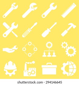 Options and service tools icon set. Vector style: flat symbols, white color, rounded angles, yellow background.