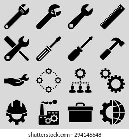 Options and service tools icon set. Vector style: flat symbols, black color, rounded angles, light gray background.
