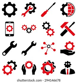 Options and service tools icon set. Vector style: flat bicolor symbols, intensive red and black colors, rounded angles, white background.