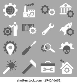 Options and service tools icon set. Vector style: flat bicolor symbols, dark gray and white colors, rounded angles, silver background.