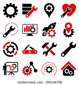 Options and service tools icon set. Vector style: flat bicolor symbols, intensive red and black colors, rounded angles, white background.