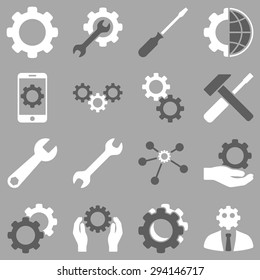 Options and service tools icon set. Vector style: flat bicolor symbols, dark gray and white colors, rounded angles, silver background.